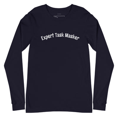 Black long-sleeve shirt with 'Expert Task Masker' text on a white background