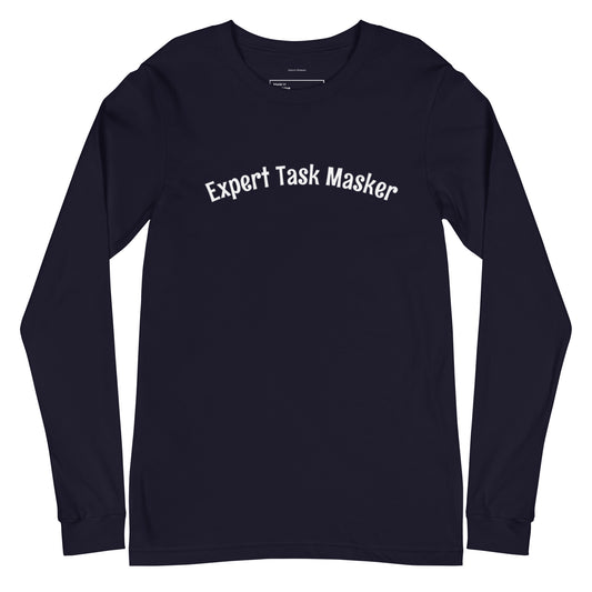 Black long-sleeve shirt with 'Expert Task Masker' text on a white background