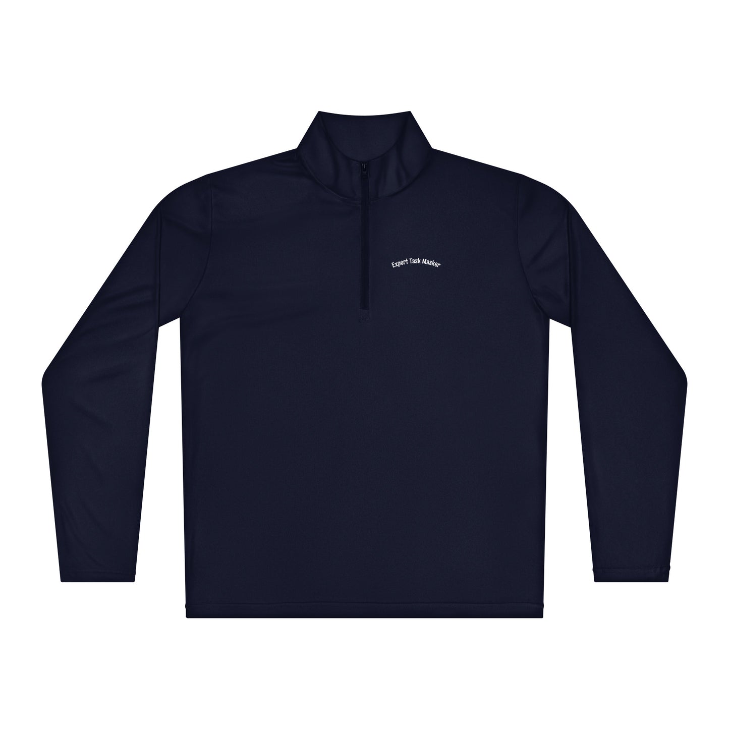 Navy long-sleeve pullover with a small logo on a white background