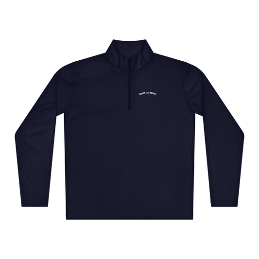 Navy long-sleeve pullover with a small logo on a white background