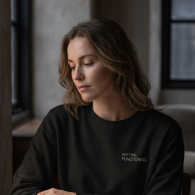 Woman sitting at a table with a notebook and pen, wearing a black sweatshirt with text.
