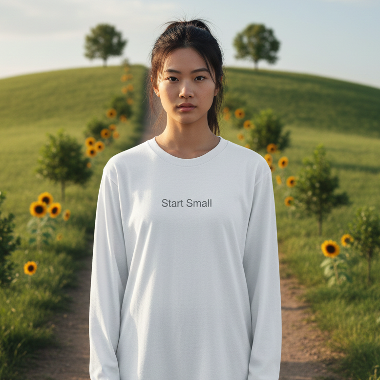 Person wearing a white long-sleeve shirt with 'Start Small' text in a sunflower field.