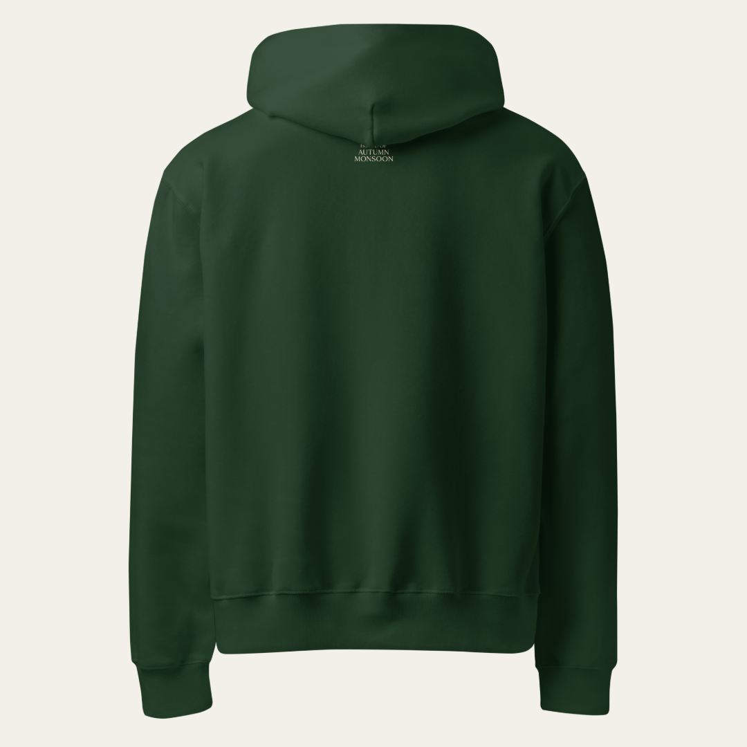 Back of a forest green hoodie with House of Autumn Monsoon logo on upper center back.