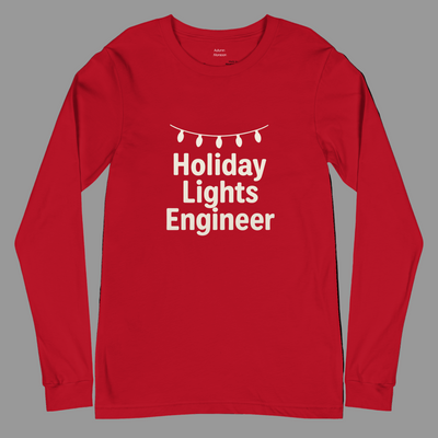 Red long-sleeve shirt with 'Holiday Lights Engineer' text and string of lights graphic on a white background