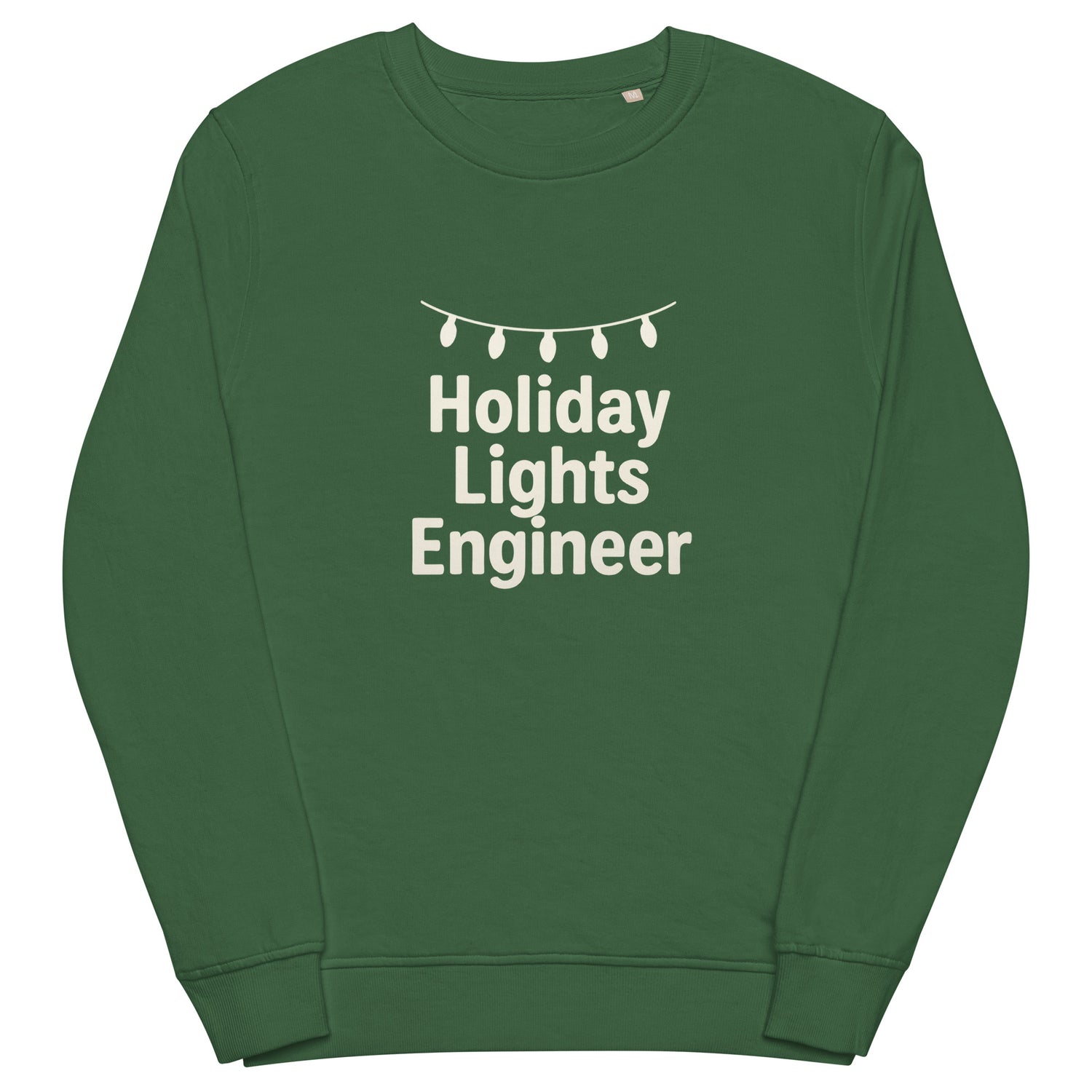 Green sweatshirt with 'Holiday Lights Engineer' text and string of lights graphic on a white background