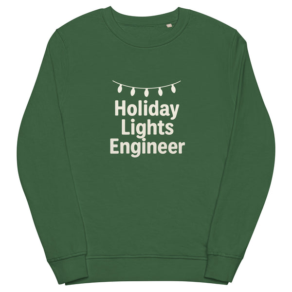 Green sweatshirt with 'Holiday Lights Engineer' text and string of lights graphic on a white background