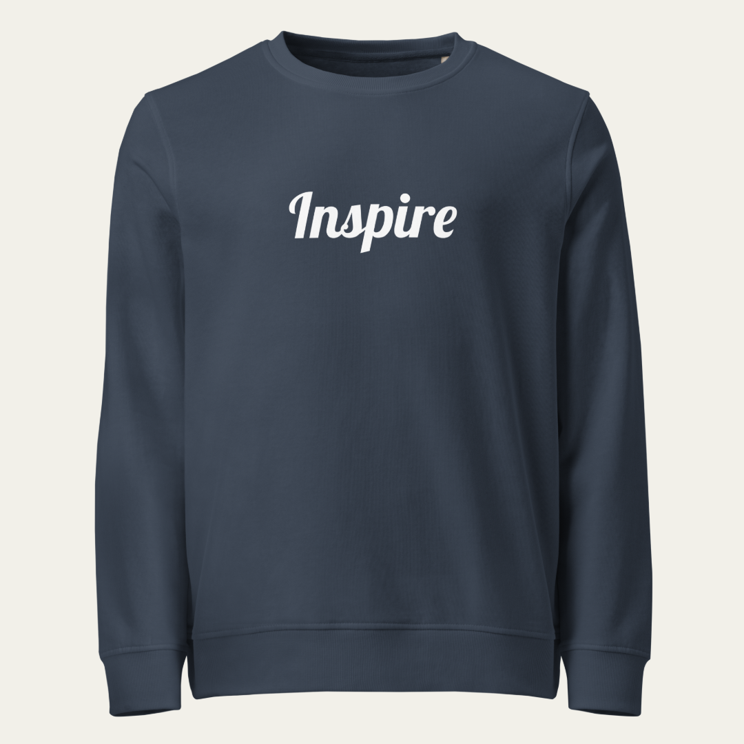 Navy blue sweatshirt with "Inspire" on the chest on a white background