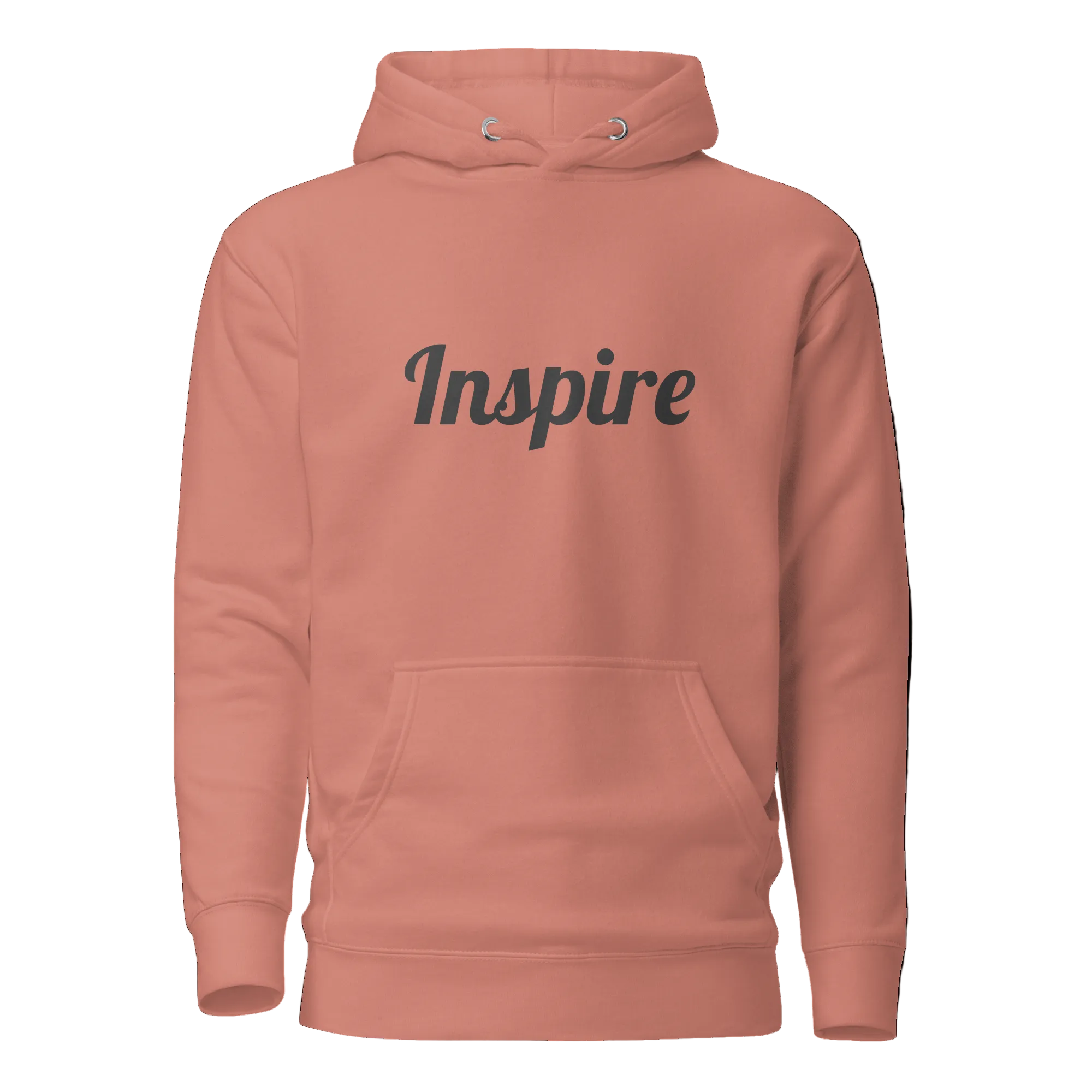 Coral hoodie with 'Inspire' text on a white background