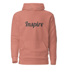 Coral hoodie with 'Inspire' text on a white background