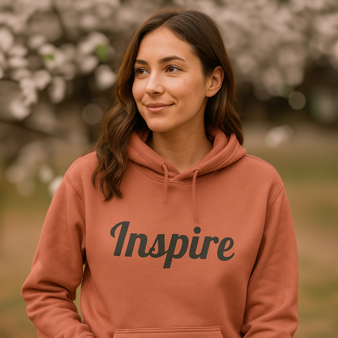 Woman outdoors wearing a dusty rose hoodie that says Inspire.