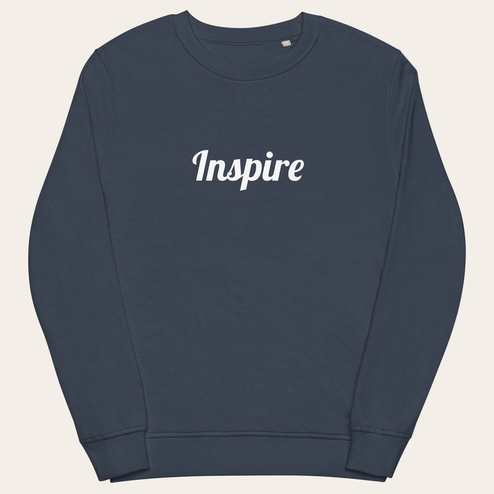 Navy blue sweatshirt with 'Inspire' text on a white background