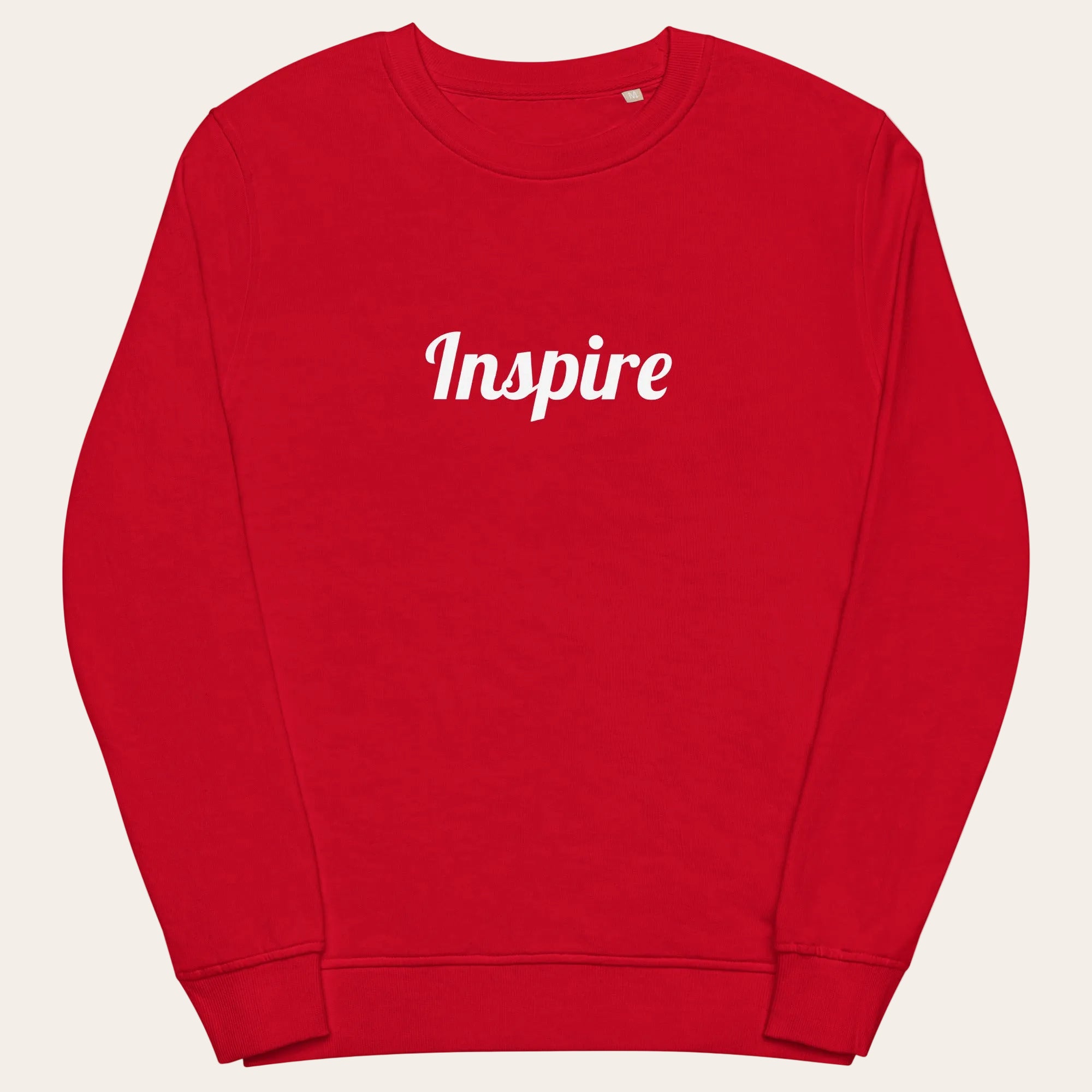Red sweatshirt with 'Inspire' text on a white background