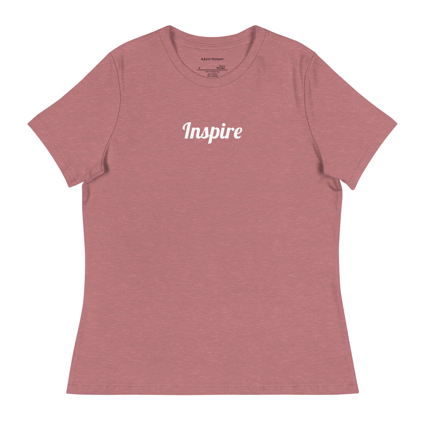 Pink t-shirt with 'Inspire' text on a white background