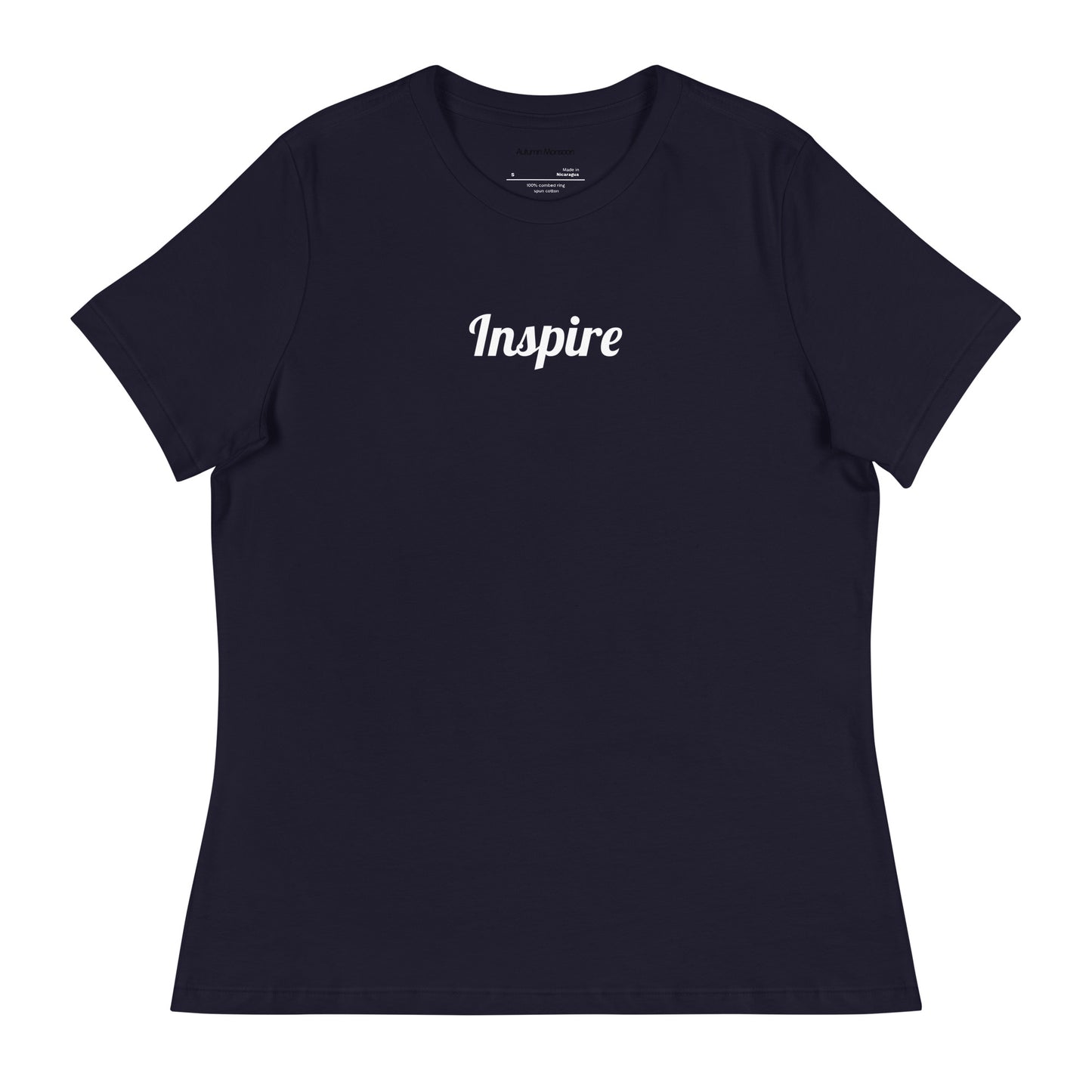 Black t-shirt with 'Inspire' text on a white background