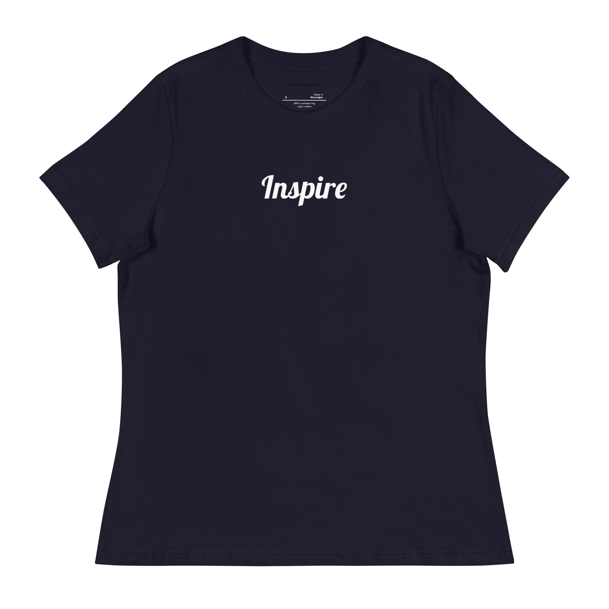 Black t-shirt with 'Inspire' text on a white background