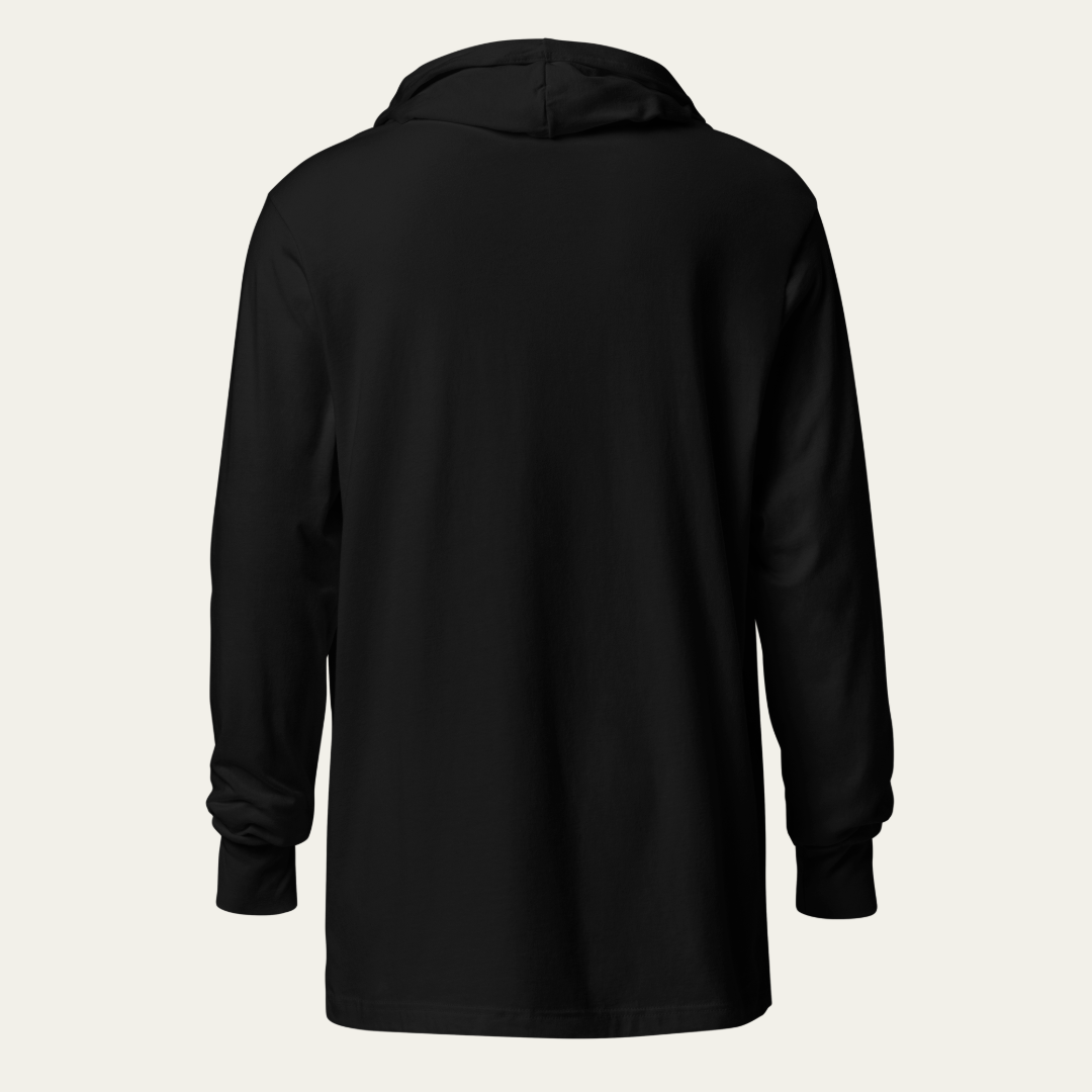 Back of a hooded long sleeve tee