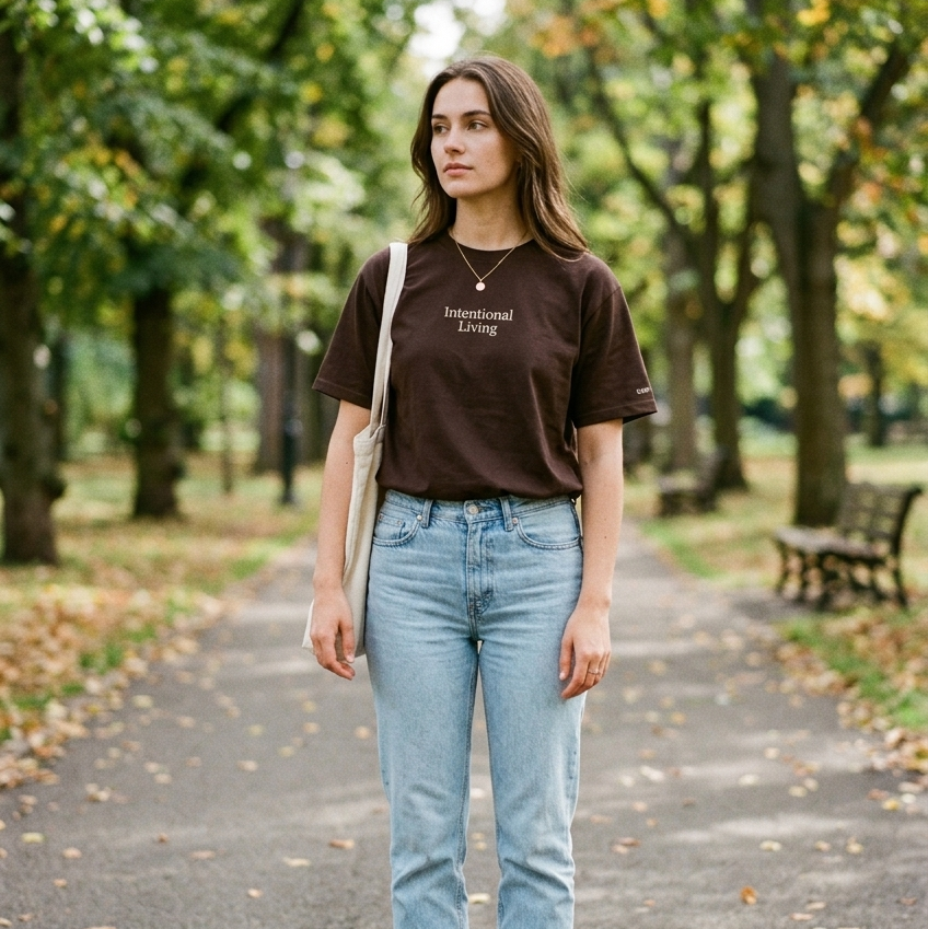 Woman standing on a path in a park wearing a brown t-shirt and light blue jeans.
