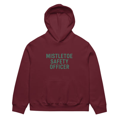 Maroon hoodie with 'Mistletoe Safety Officer' text on a white background