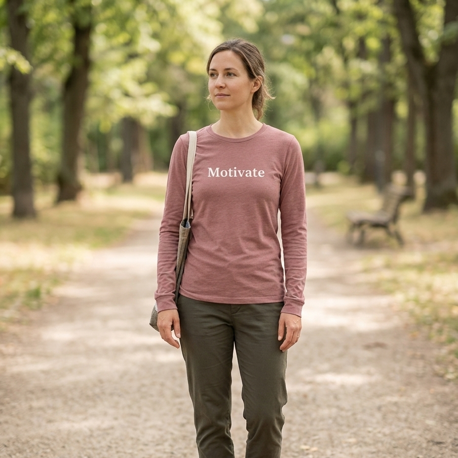 Woman wearing a pink 'Motivate' shirt in a park