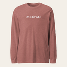 Heather mauve long sleeve tee with the word Motivate on the chest.