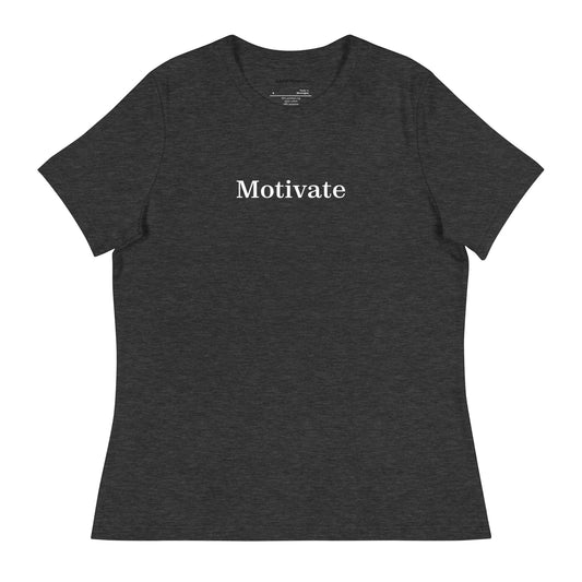 Dark gray t-shirt with 'Motivate' text on a white background