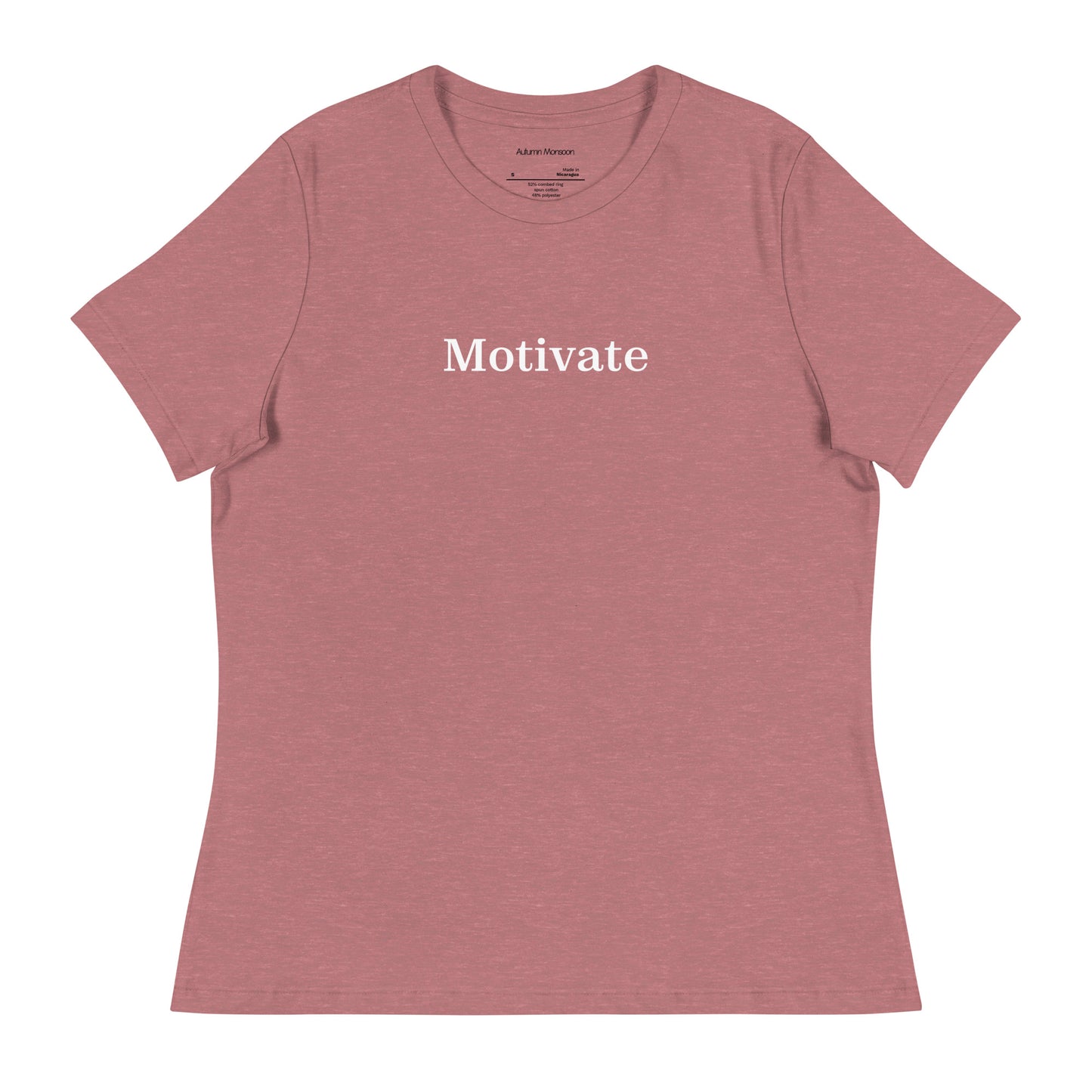 Pink t-shirt with 'Motivate' text on a white background