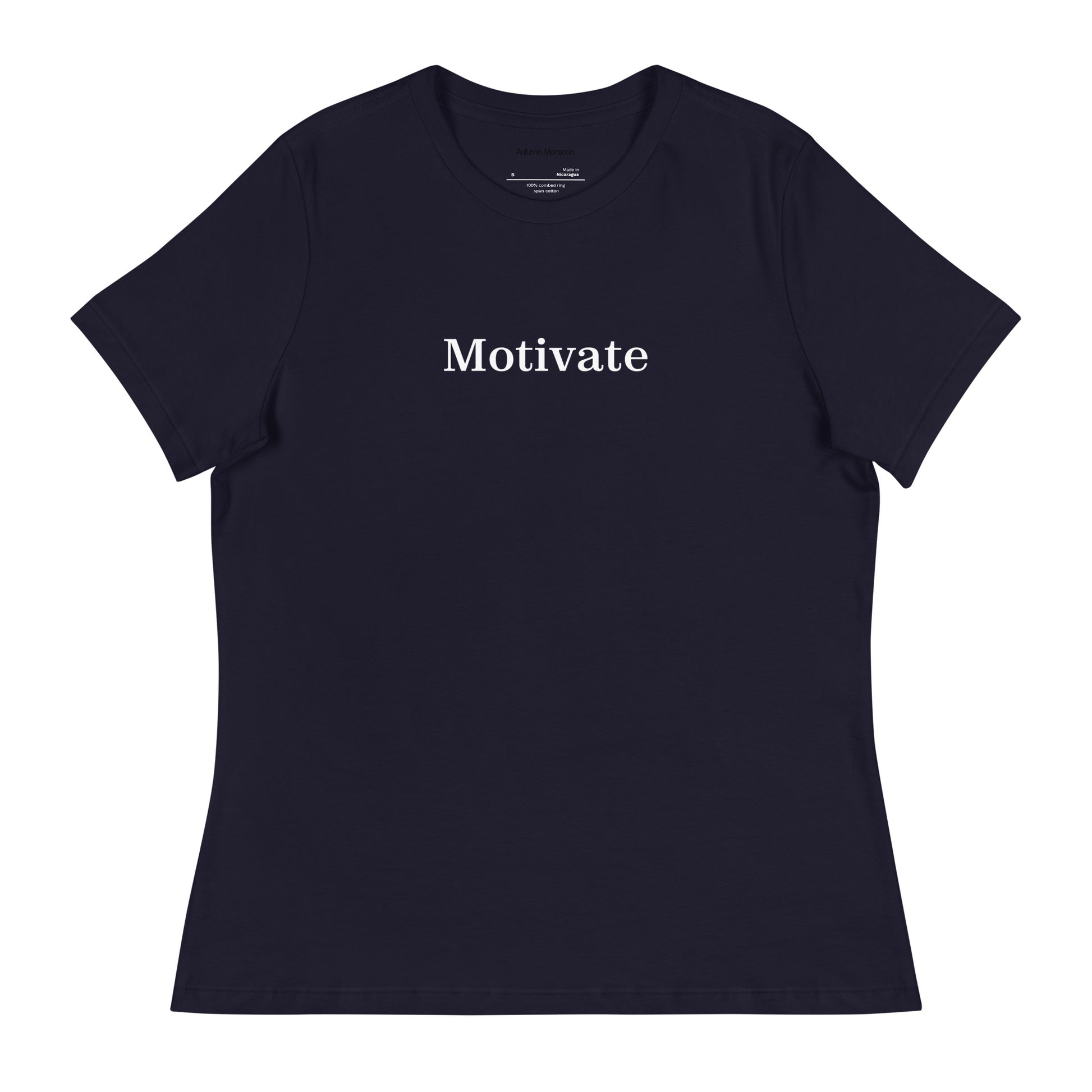 Black t-shirt with 'Motivate' text on a white background