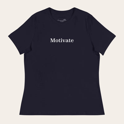 Black t-shirt with 'Motivate' text on a white background