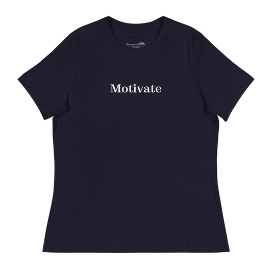 Black t-shirt with 'Motivate' text on a white background