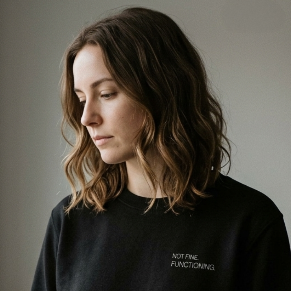 A woman with shoulder-length wavy brown hair wearing a black crewneck sweatshirt with the text 'NOT FINE. FUNCTIONING.
