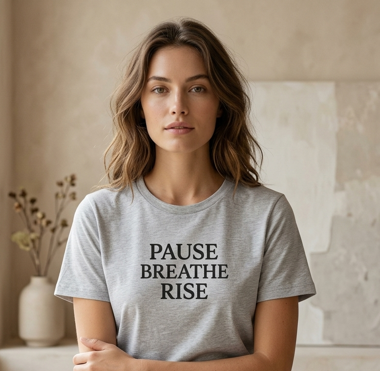Woman wearing a gray t-shirt with 'PAUSE BREATHE RISE' text in a minimalistic room.