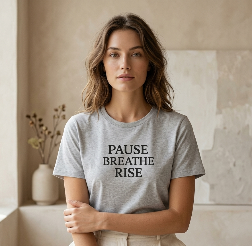 Woman wearing a gray t-shirt with 'PAUSE BREATHE RISE' text in a minimalistic room.