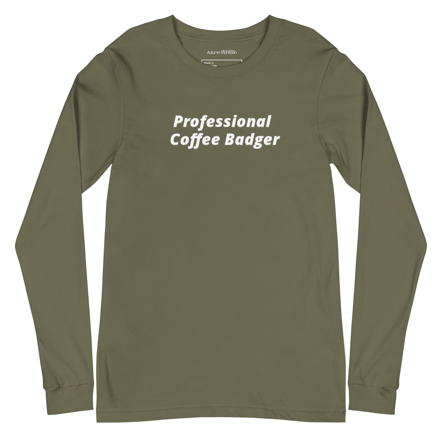 Green long-sleeve shirt with 'Professional Coffee Badger' text on a white background
