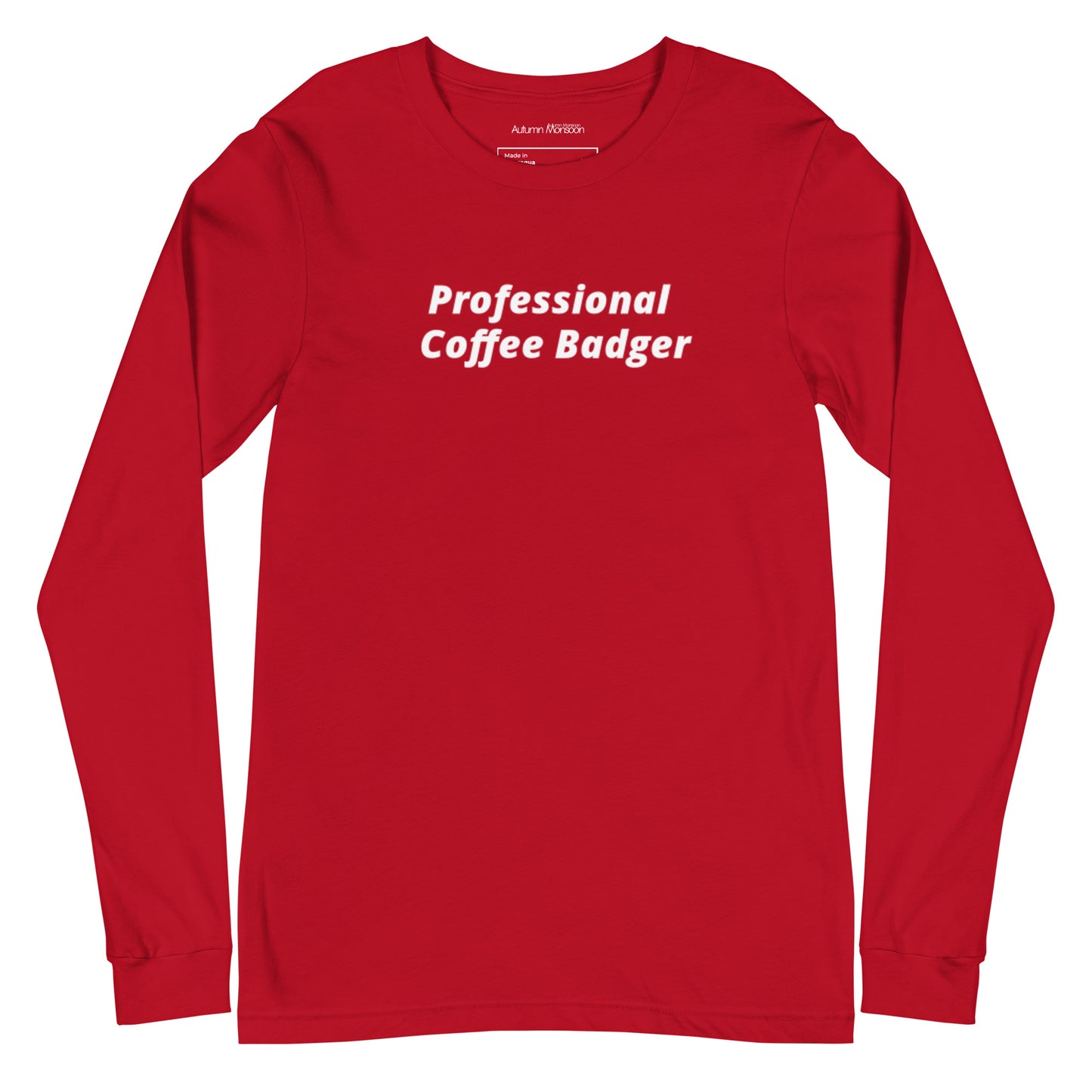 Red long-sleeve shirt with 'Professional Coffee Badger' text on a white background