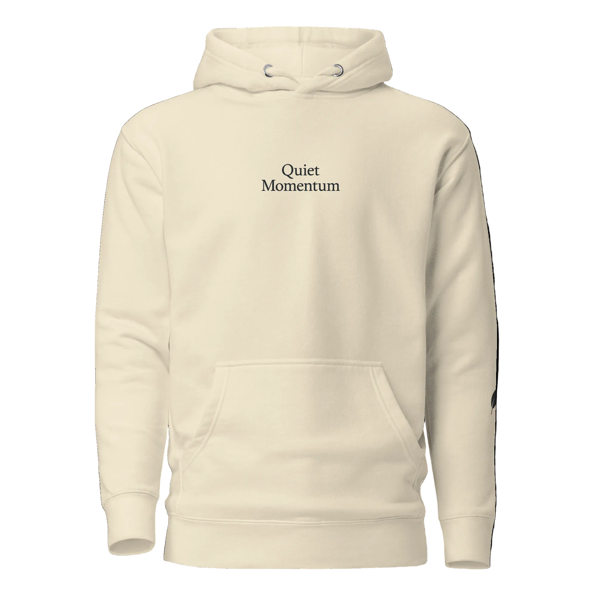 Ivory colored hoodie with the phrase Quiet Momentum centered on the chest.