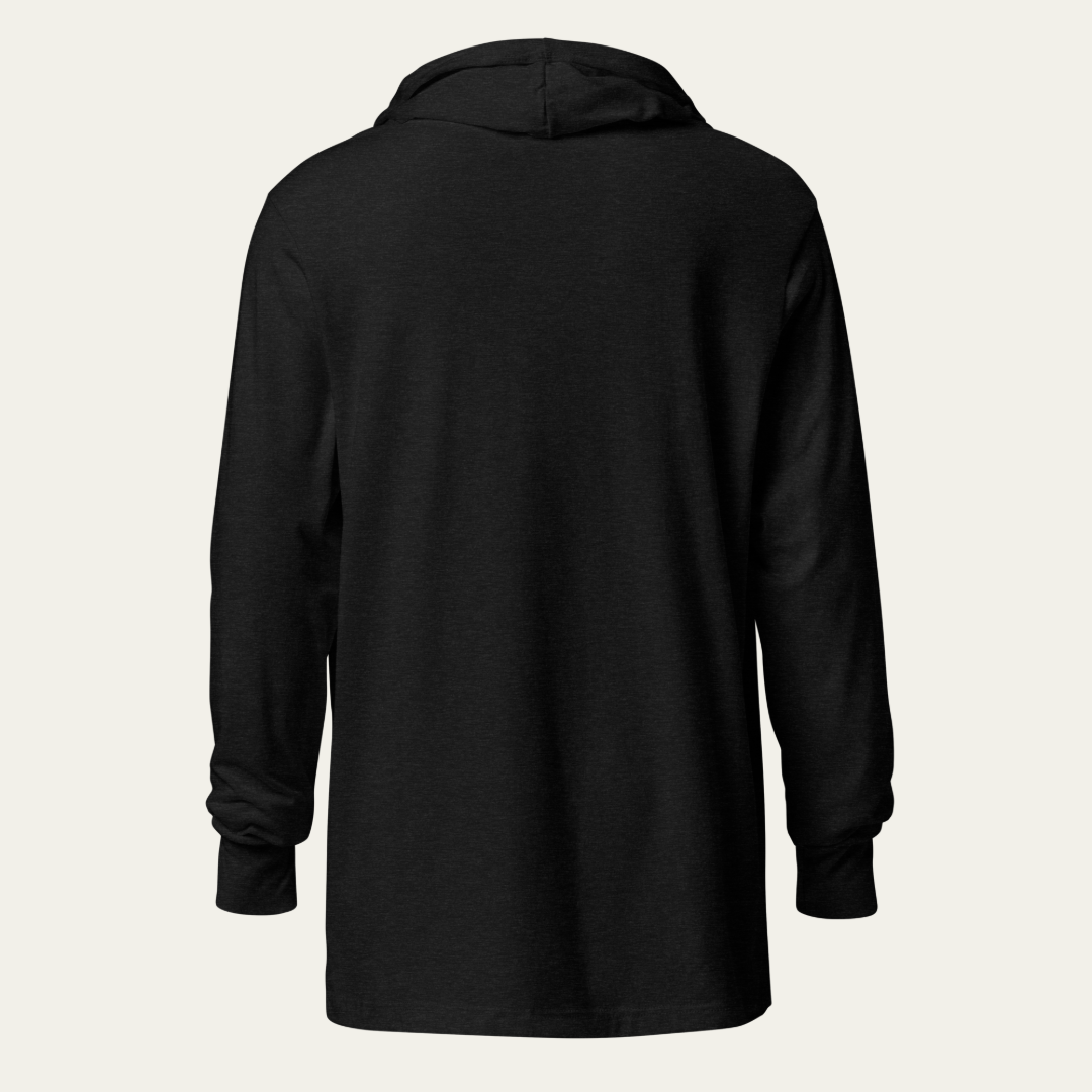 Back of a black hoodie against a white background