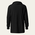 Back of a black hoodie against a white background