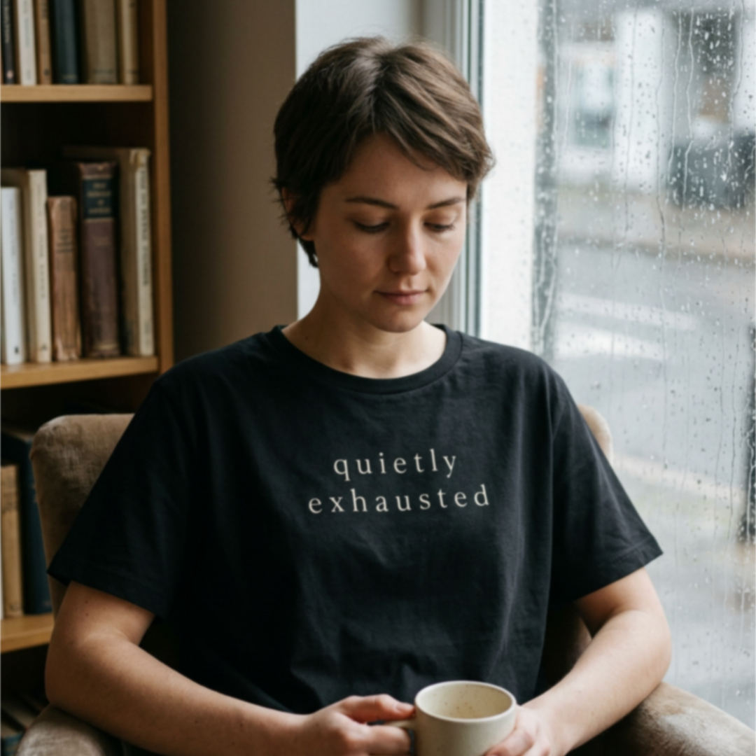 Person wearing a black t-shirt with 'quietly exhausted' text, holding a mug in a room with a bookshelf and window.