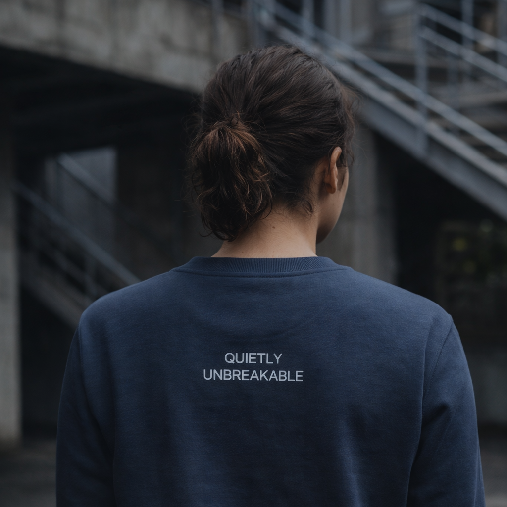 Person wearing a navy blue sweatshirt with 'Quietly Unbreakable' text on the back, standing in an urban setting.