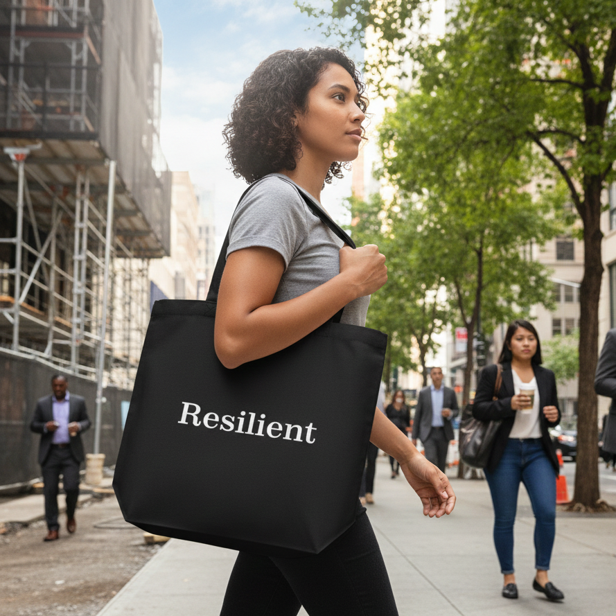 Woman walking on a city street holding a black tote bag with 'Resilient' text.