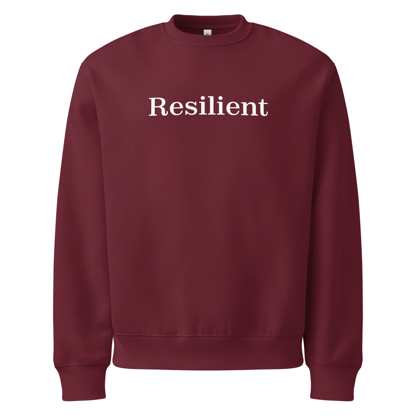 Maroon sweatshirt with 'Resilient' text on a white background