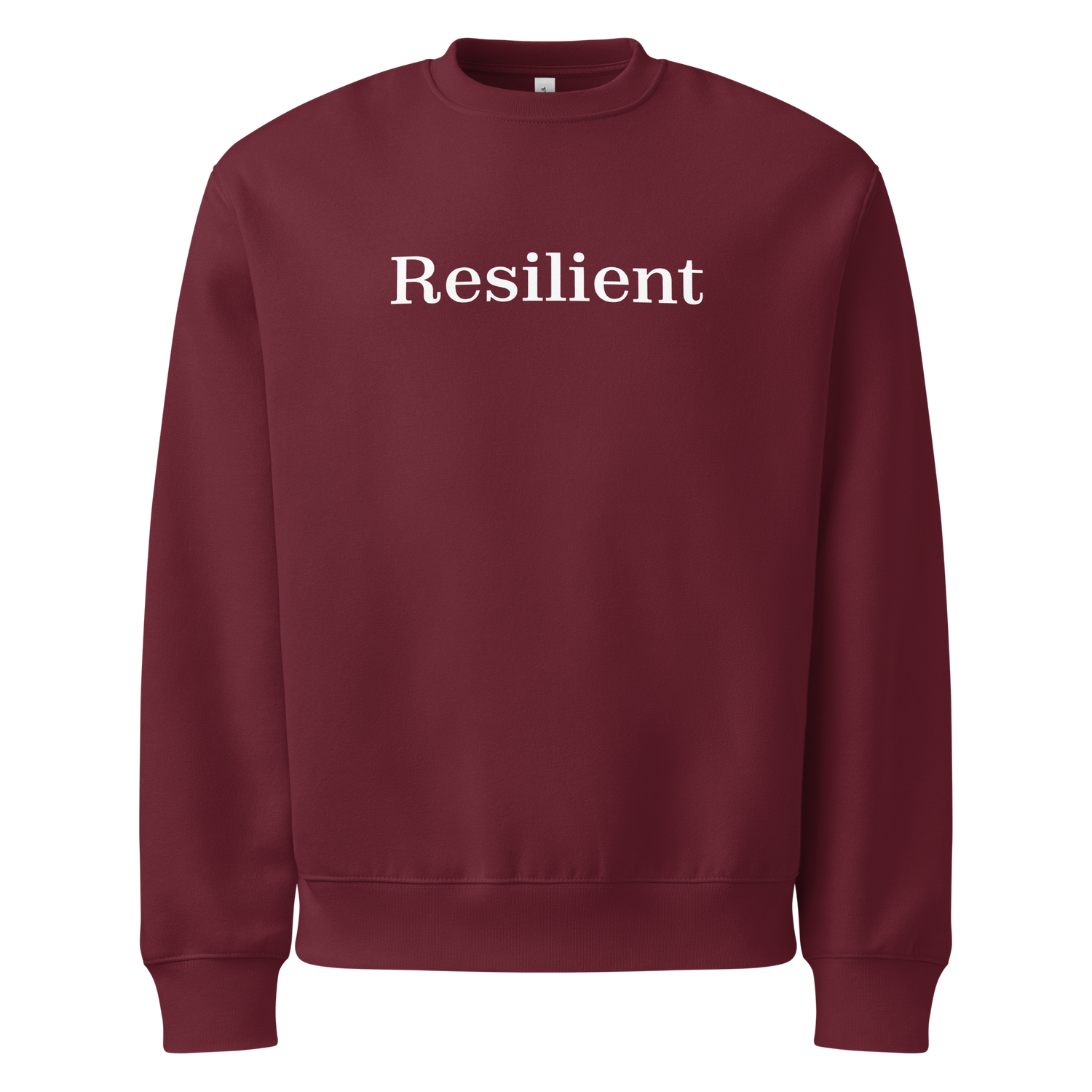 Maroon sweatshirt with 'Resilient' text on a white background