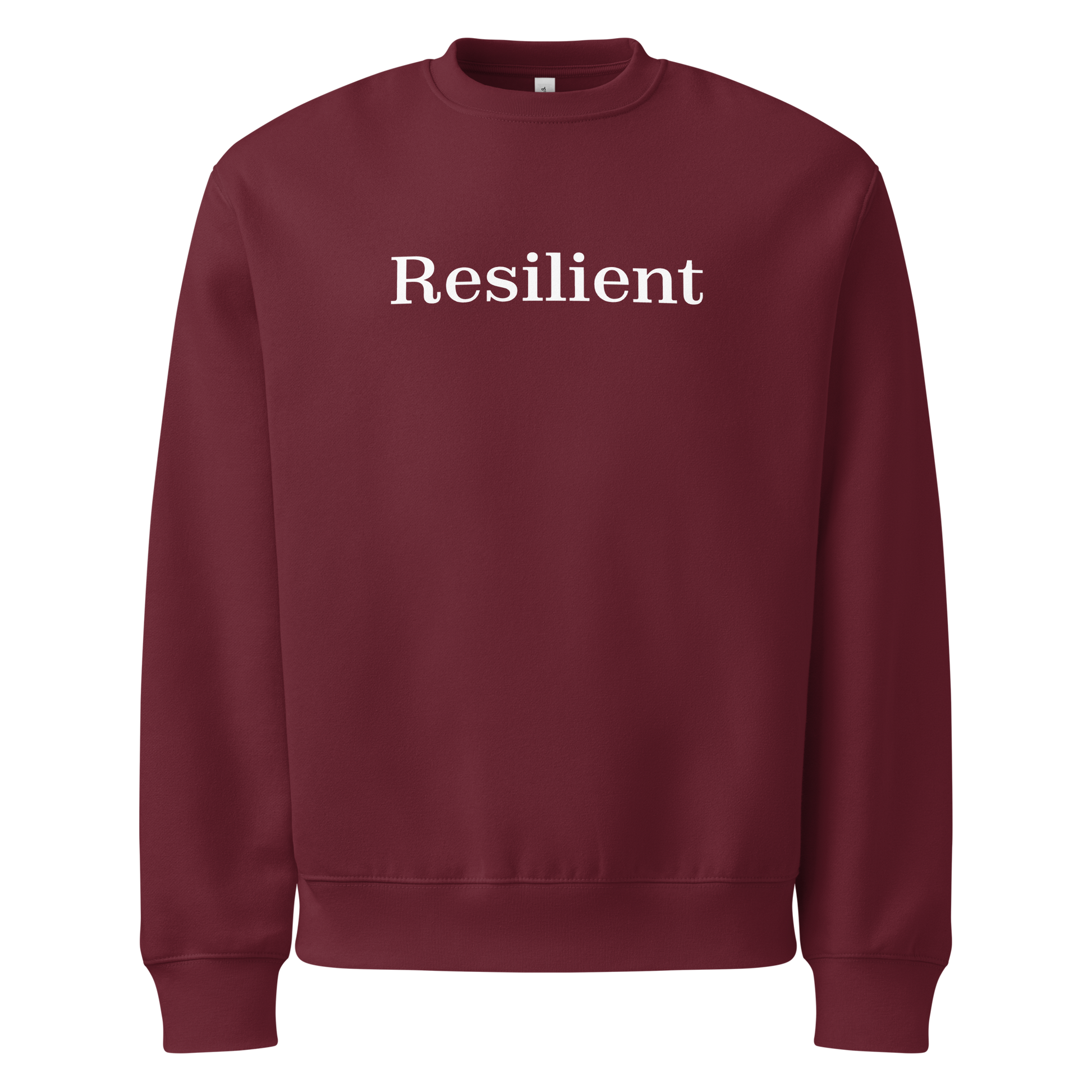 Maroon sweatshirt with 'Resilient' text on a white background