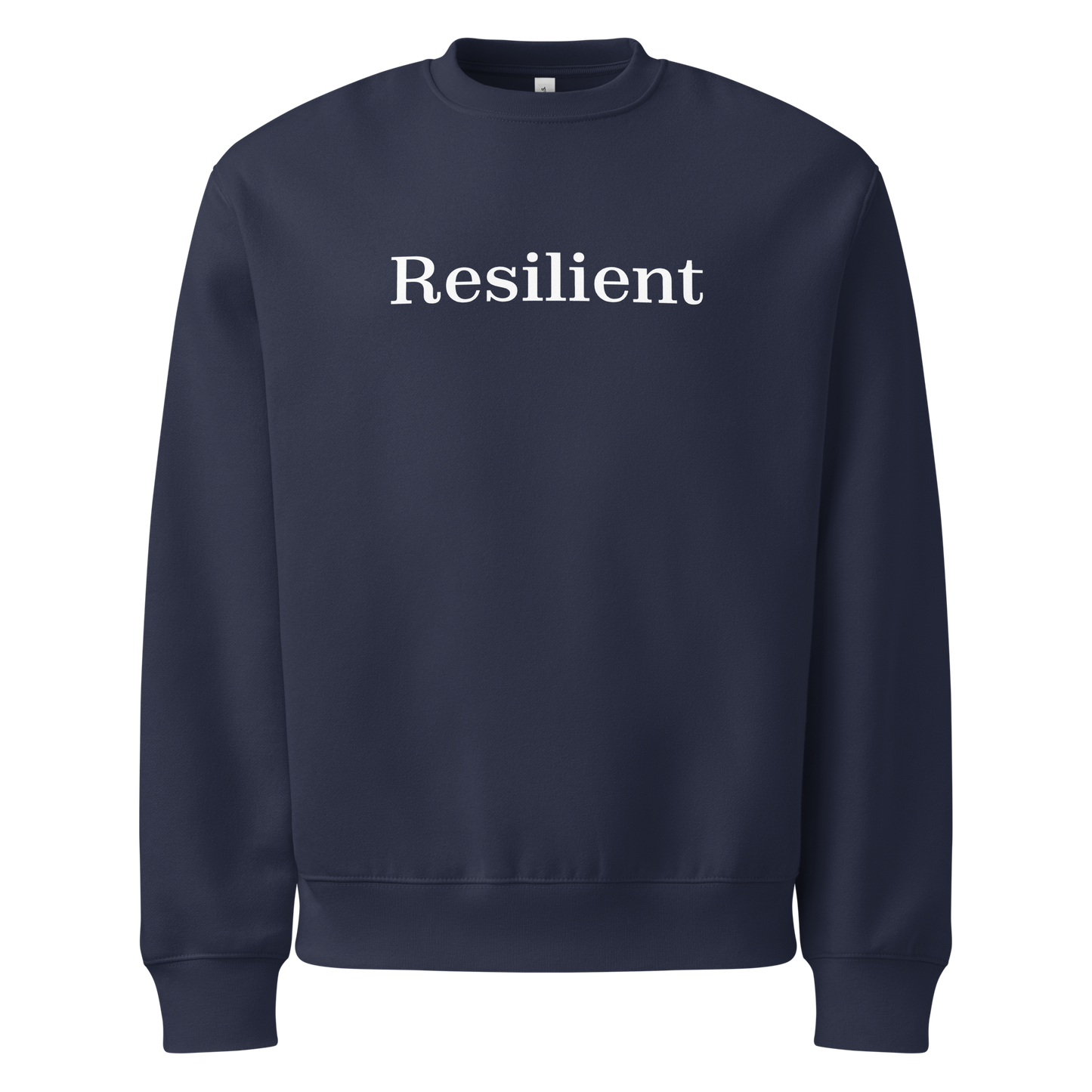 Navy blue sweatshirt with 'Resilient' text on a white background
