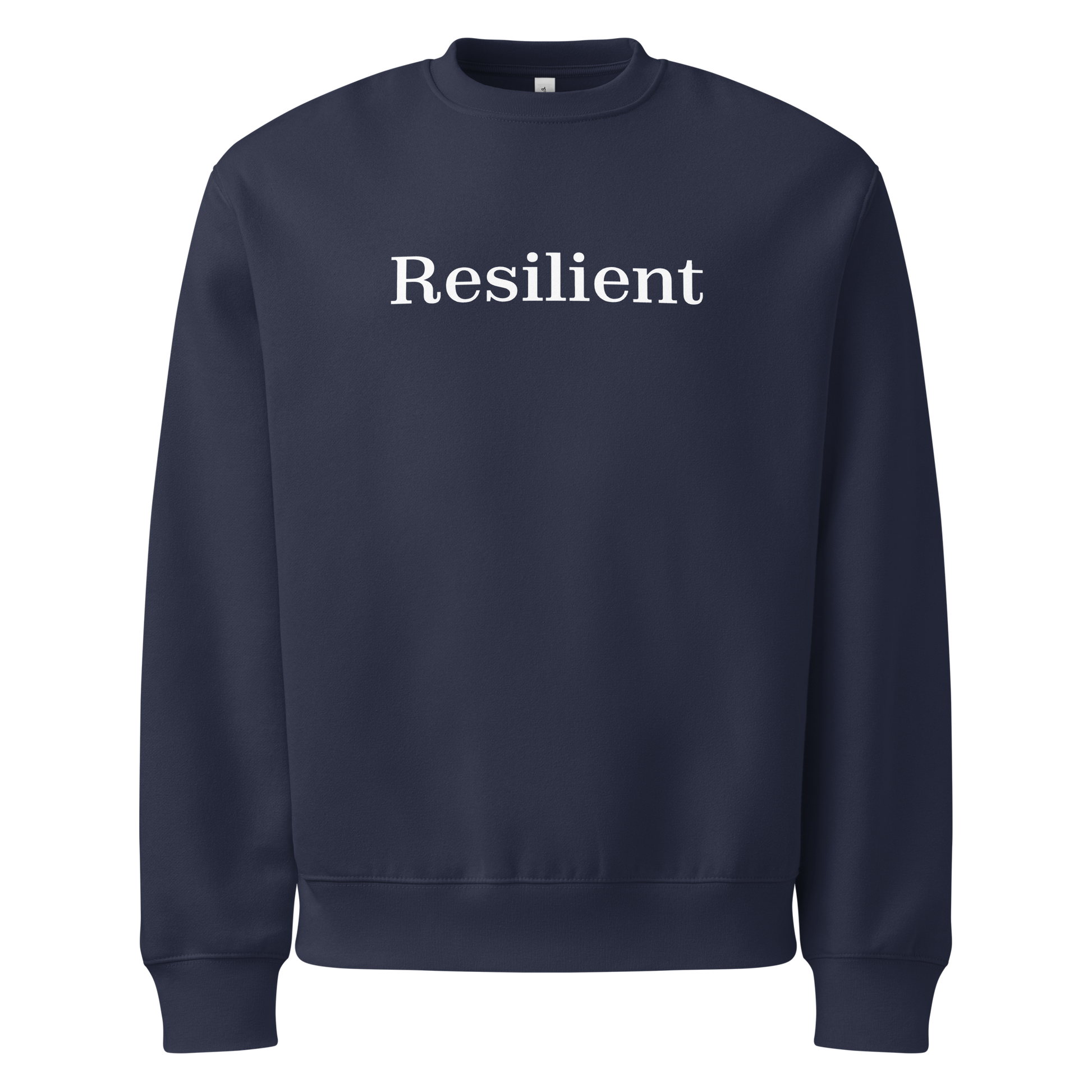 Navy blue sweatshirt with 'Resilient' text on a white background