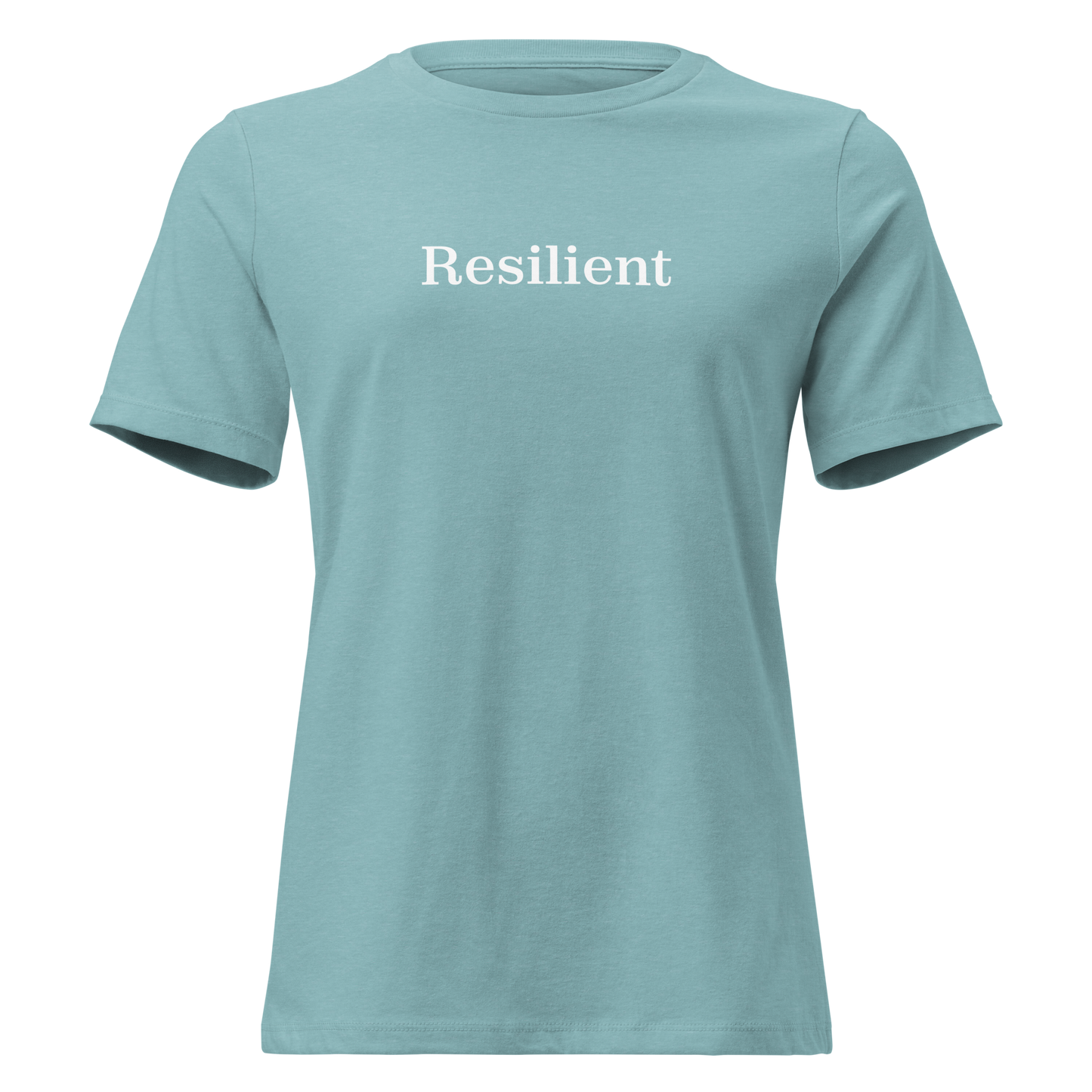 Teal t-shirt with 'Resilient' text on a white background