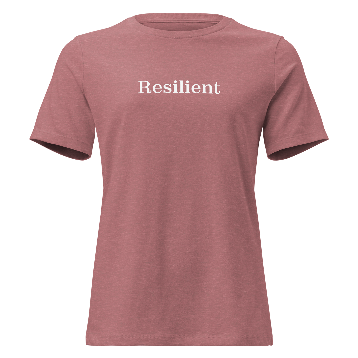 Mauve t-shirt with 'Resilient' text on a white background