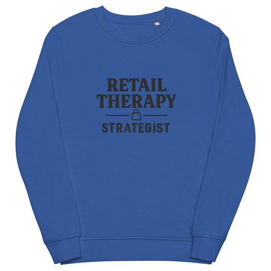 Blue sweatshirt with 'Retail Therapy Strategist' text on a white background