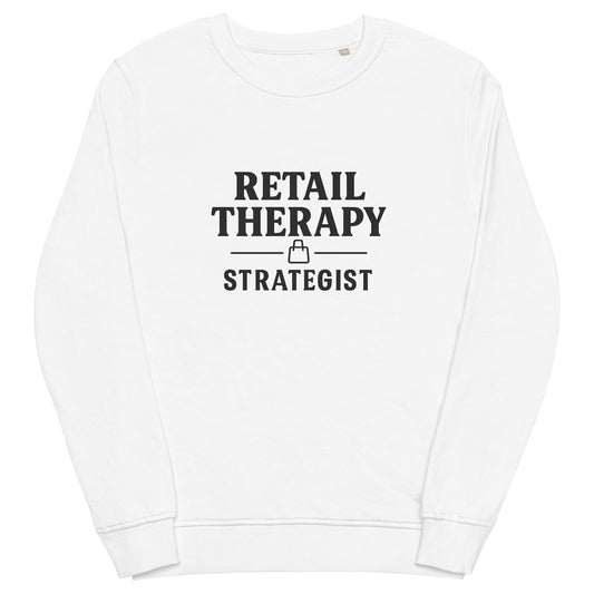 White sweatshirt with 'Retail Therapy Strategist' text on a white background