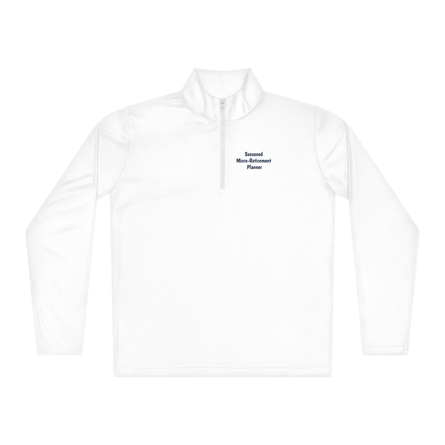 White long-sleeve shirt with text on a white background